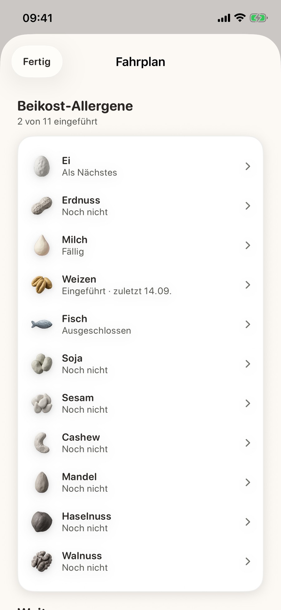 Der Fahrplan-Screen: alle elf Allergene mit ihrem Stand