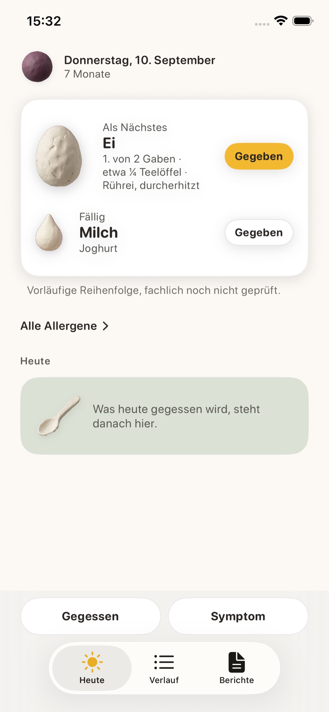 Der Heute-Screen von Kostprobe mit dem nächsten Allergen und dem Knopf „Gegeben“
